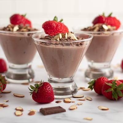 Chocolate Almond Yogurt topped with Strawberries chocolate shavings and served in three martini glasses with almonds, chocolate, and strawberries sprinkled around the table.