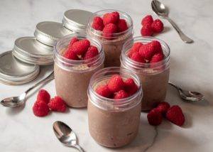 Chocolate Chia Seed Raspberry Yogurt served in small containers