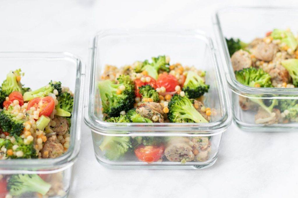 Broccoli Sausage Couscous One Pot Meal Meal Prepping Meal Planning Count Macros served in meal prep containers