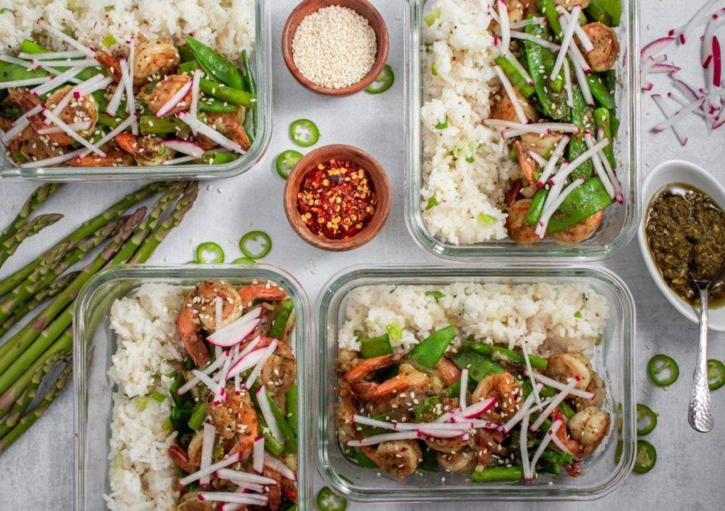Pesto Shrimp with Snow Peas and Asparagus Meal Prep Meal Planning Counting Macros