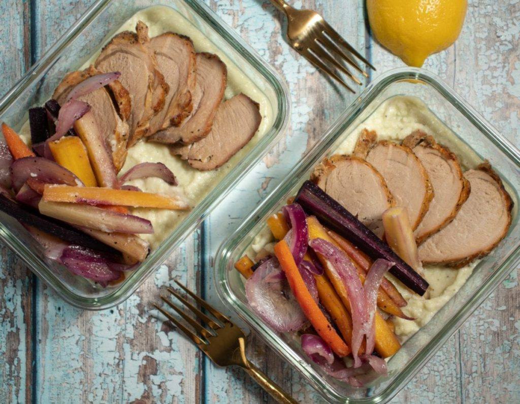 Pork Tenderloin with Rainbow Carrots on top of Mashed Cauliflower Meal Prep Meal Planning Counting Macros