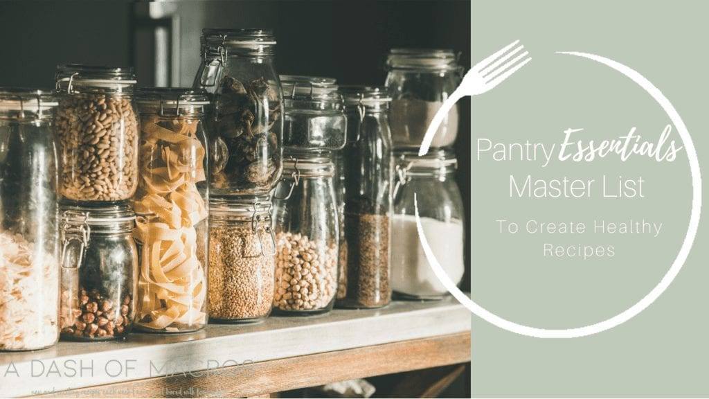 Pantry Staples Master List, The Ultimate Guide to Stocking your Pantry with Healthy Ingredients. Picture of a pantry Shelf with spices in glass jars.