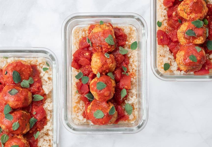 Chicken Meatballs with Riced Cauliflower Meal Prep