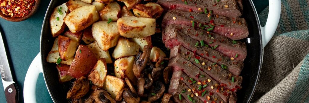 Peppered-Steak-with-Roasted-Potatoes-and-Mushrooms